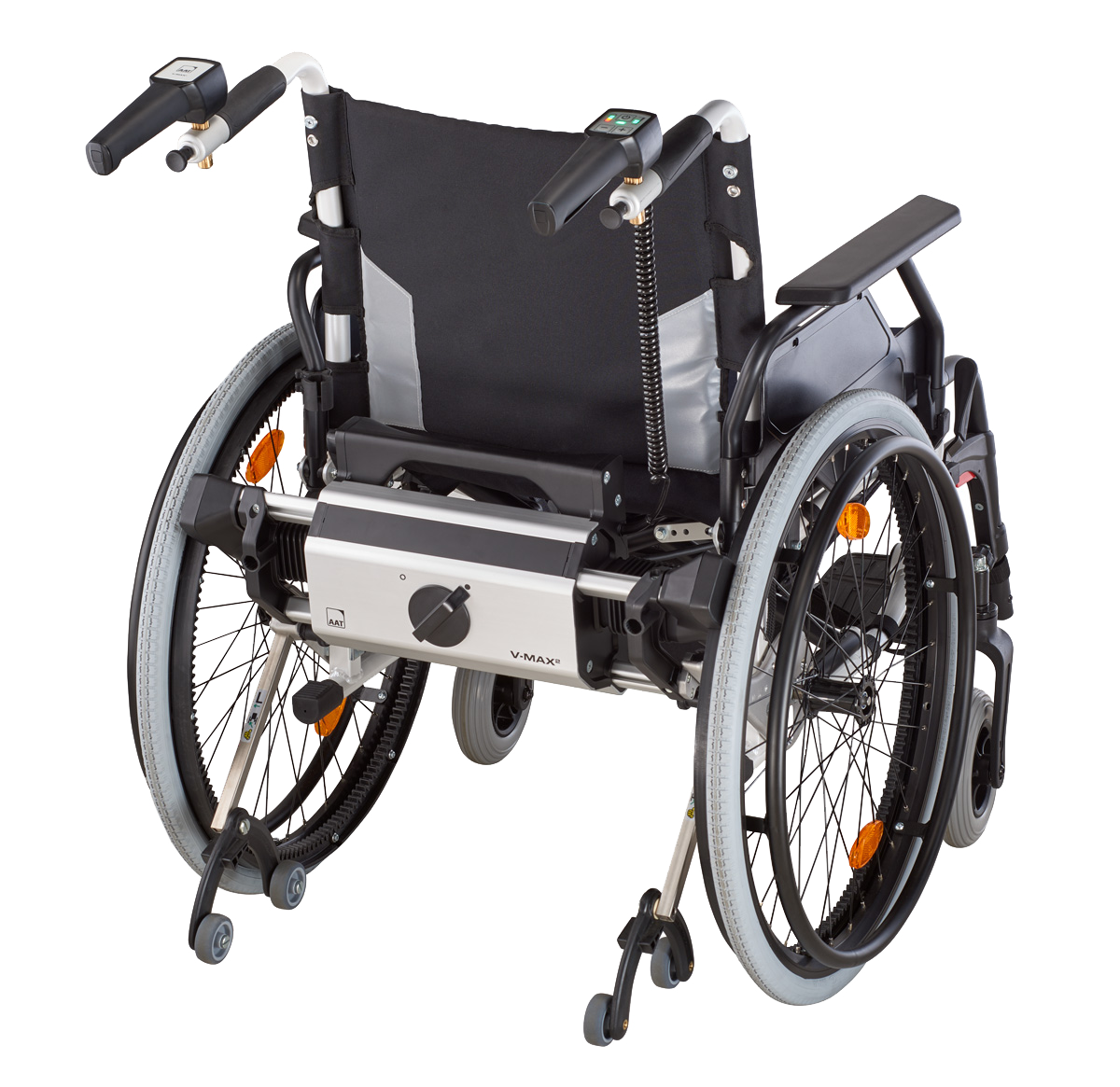 Rollstuhl von hinten mit Brems- und Schiebehilfe