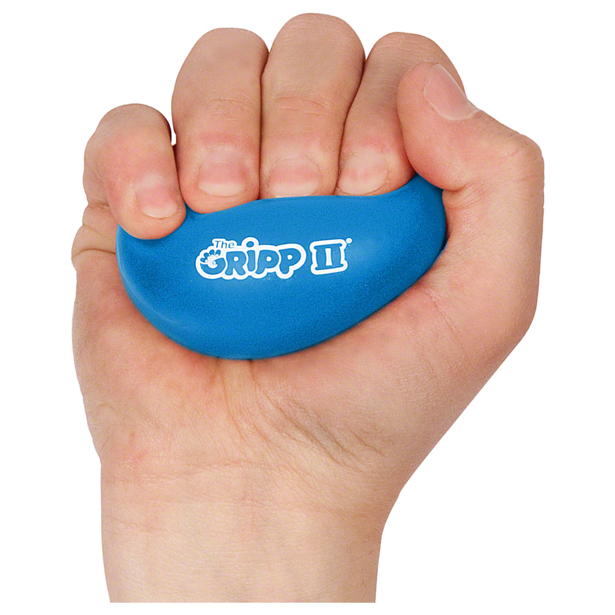 Hand drückt blauen Therapieball